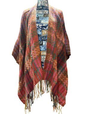 Autumnal Plaid Fringe Accent Poncho Wrap Warm Cozy Grandma Grandpa Core One Size